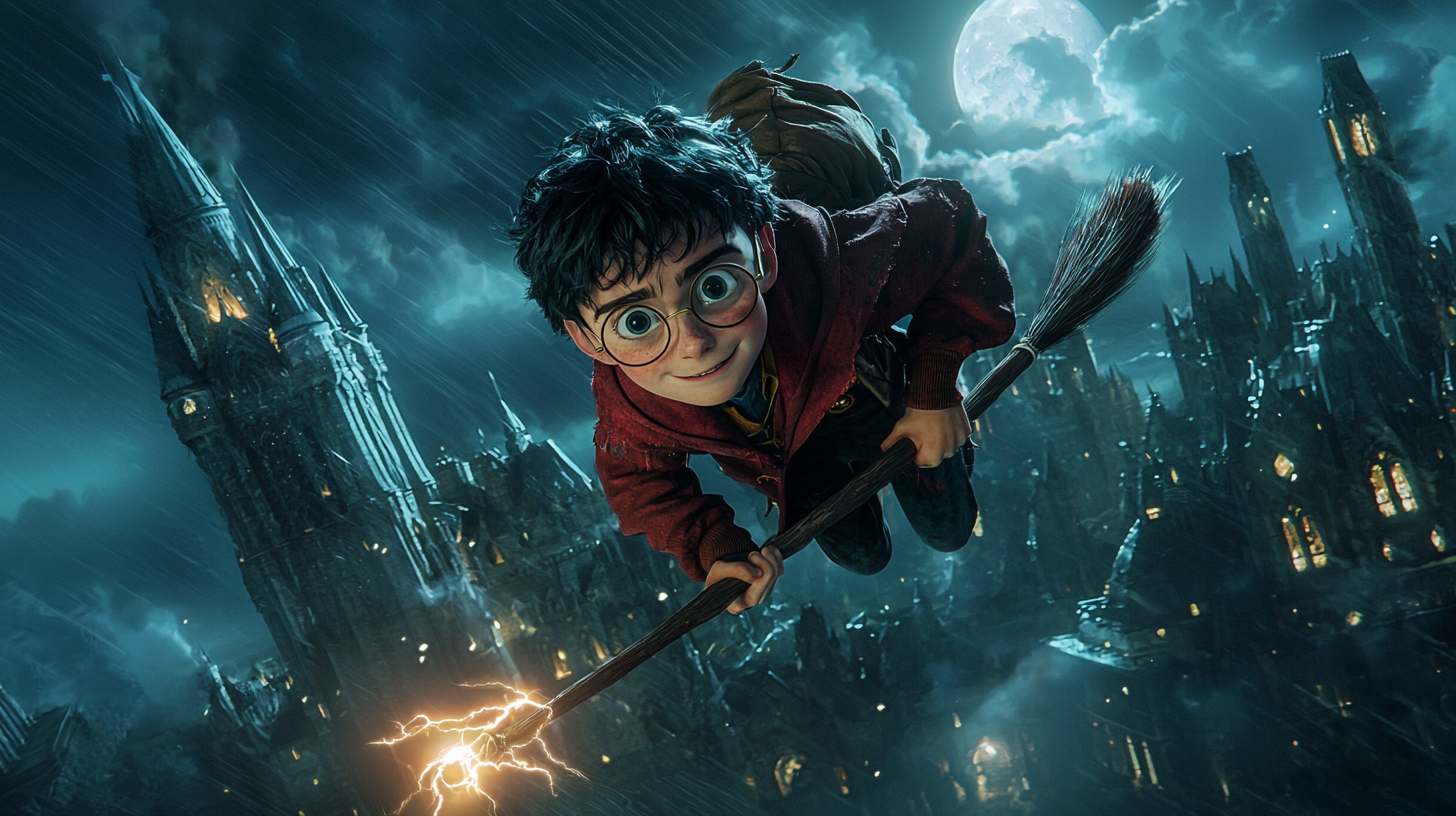 Harry Potter zburând pe mătură